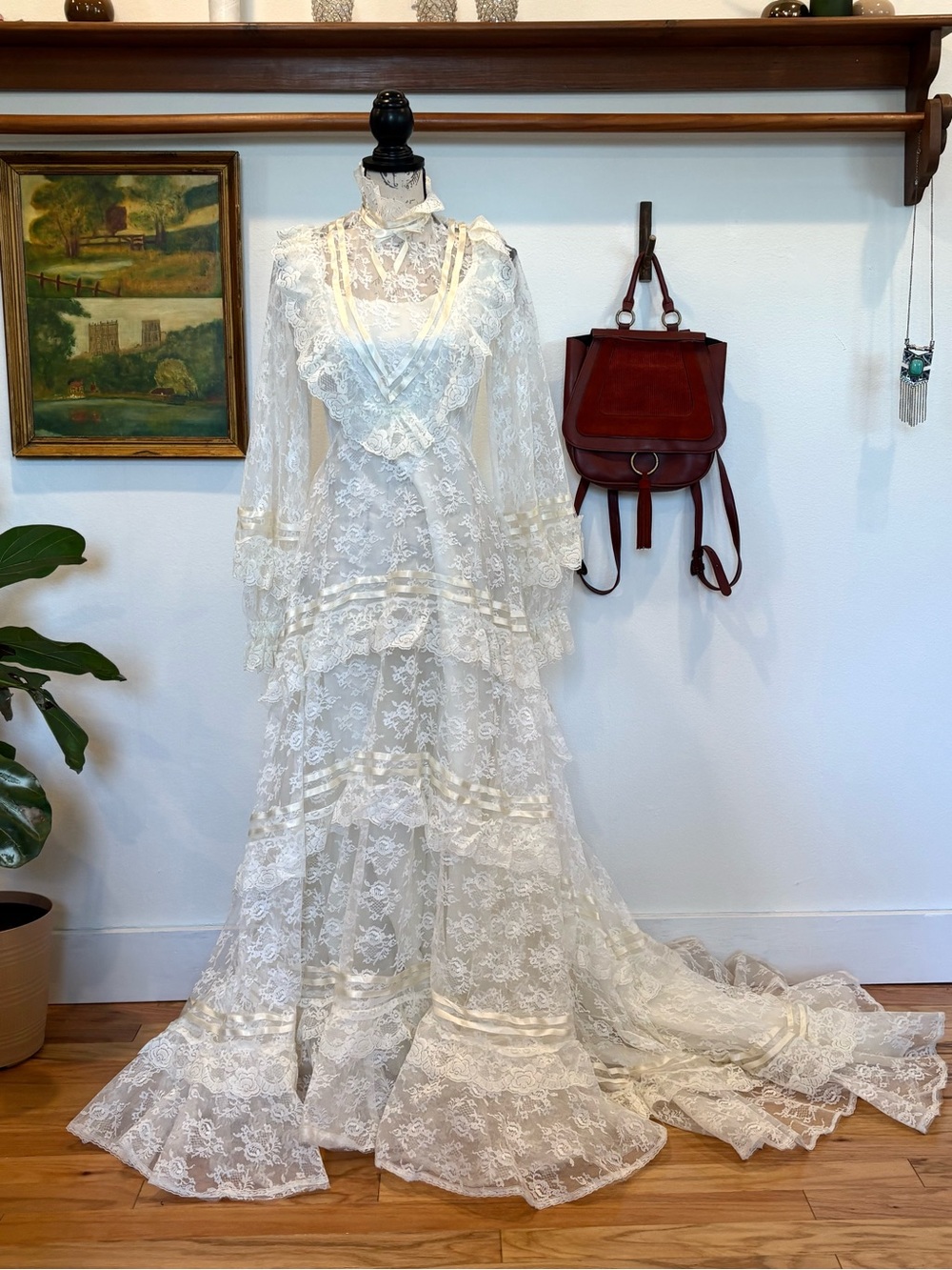 Vintage ILGWU Lace Wedding Dress Prairie Gothic Bridal Gown XS/S